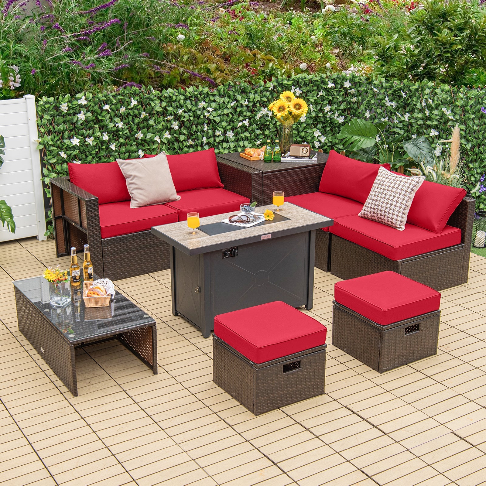 9-Piece Outdoor Patio Furniture Set with 42-Inch Fire Pit