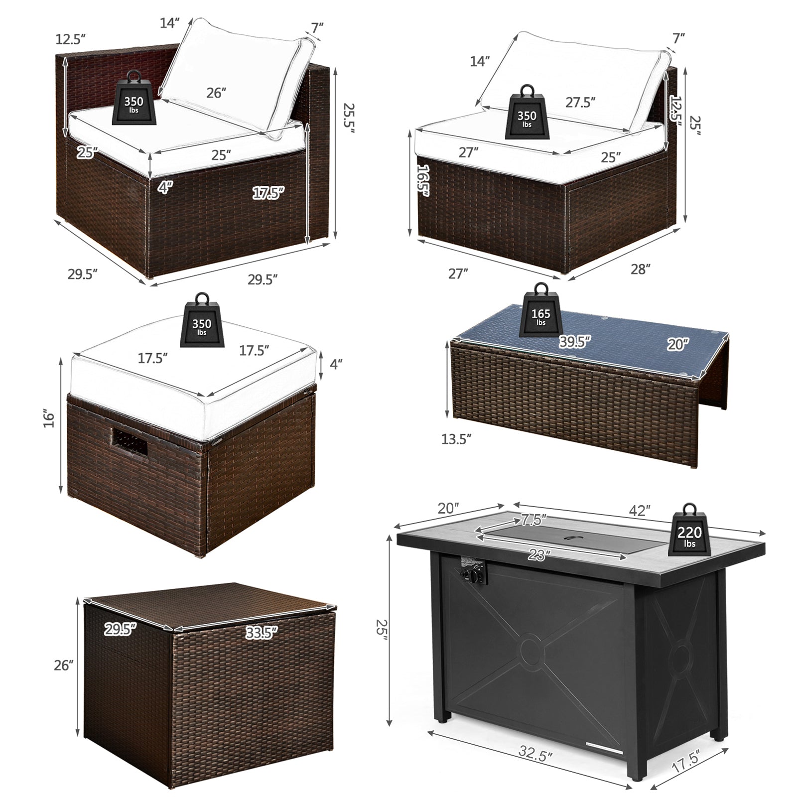9-Piece Outdoor Patio Furniture Set with 42-Inch Fire Pit