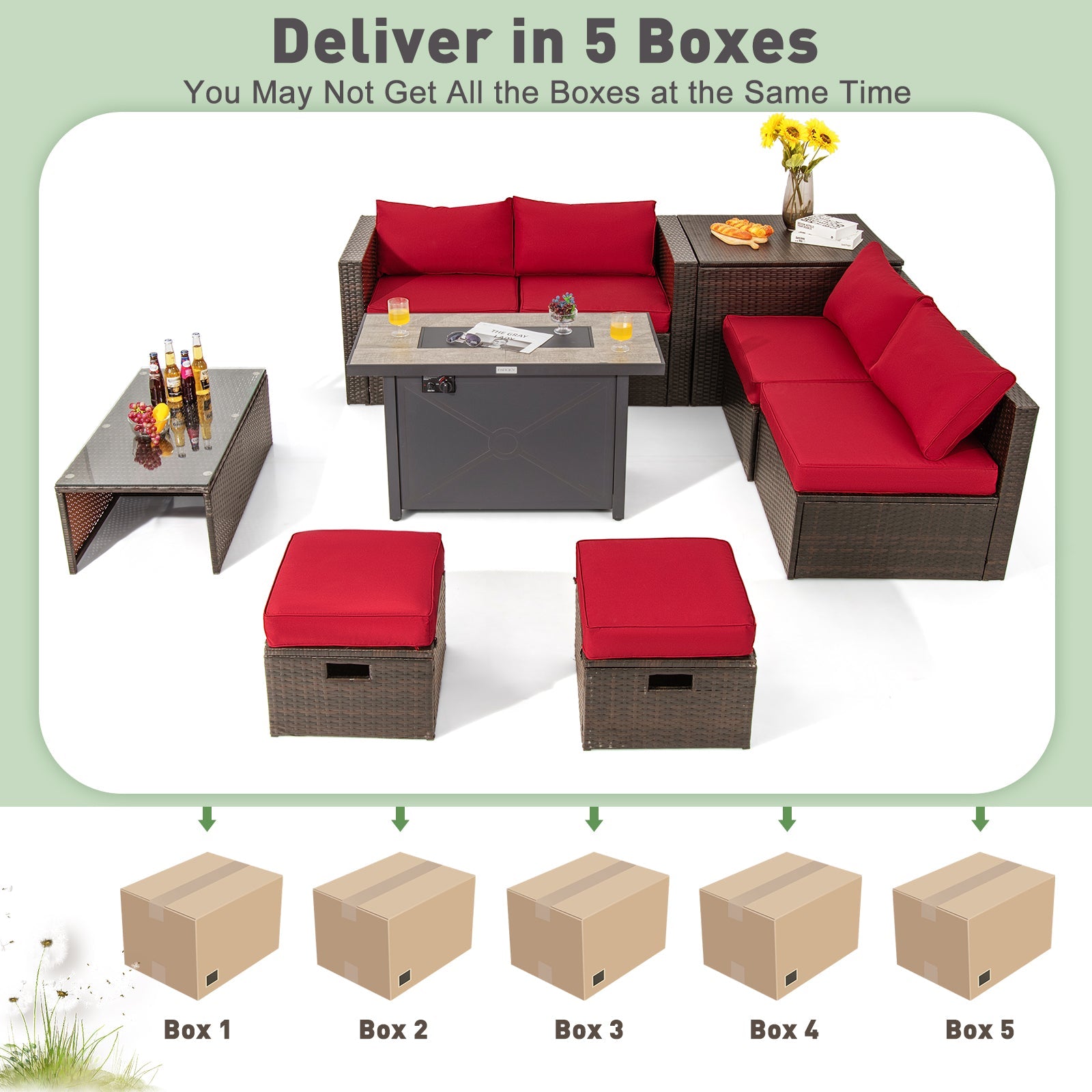 9-Piece Outdoor Patio Furniture Set with 42-Inch Fire Pit
