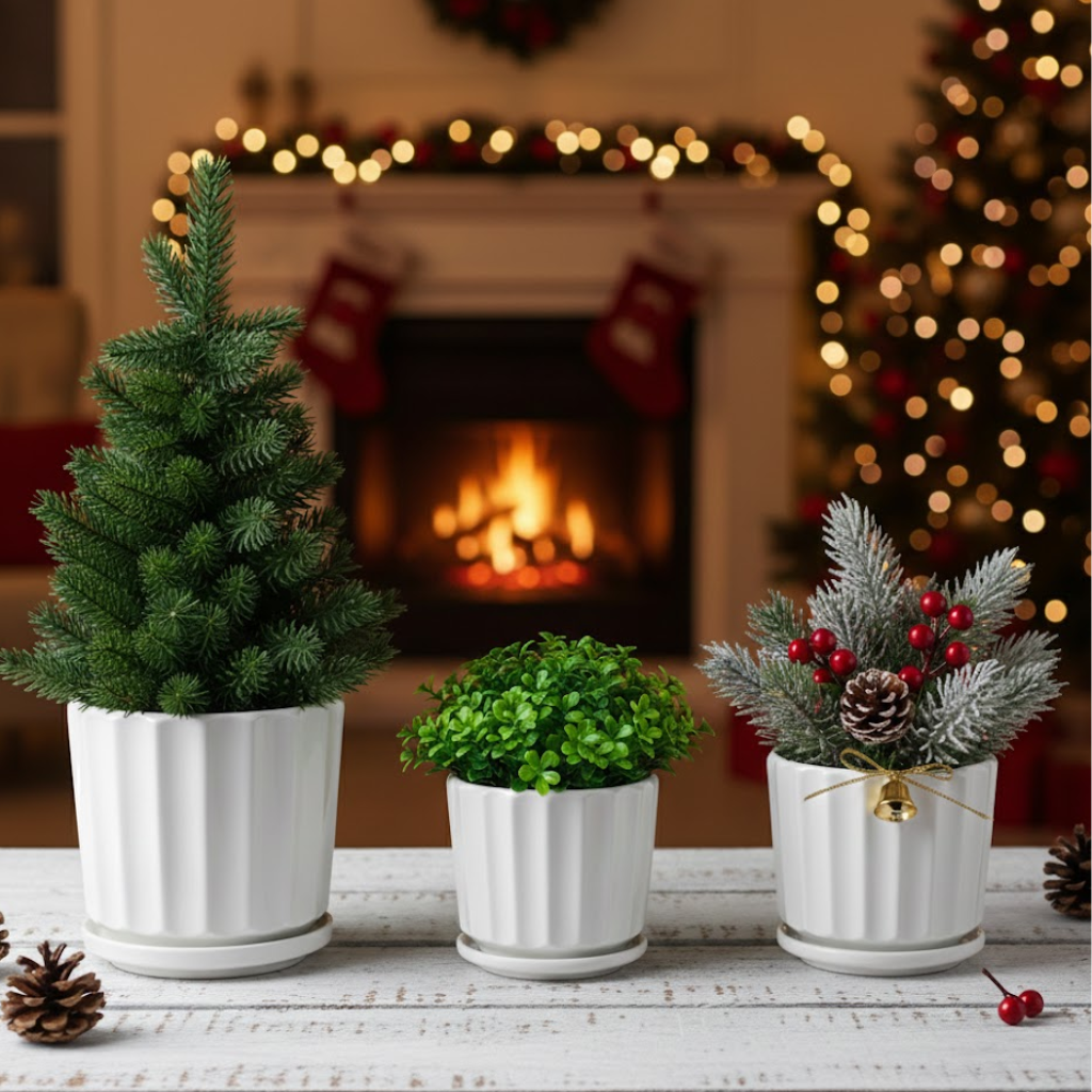 3-Piece White Ceramic Planter Pot Set with Fluted Design & Saucers