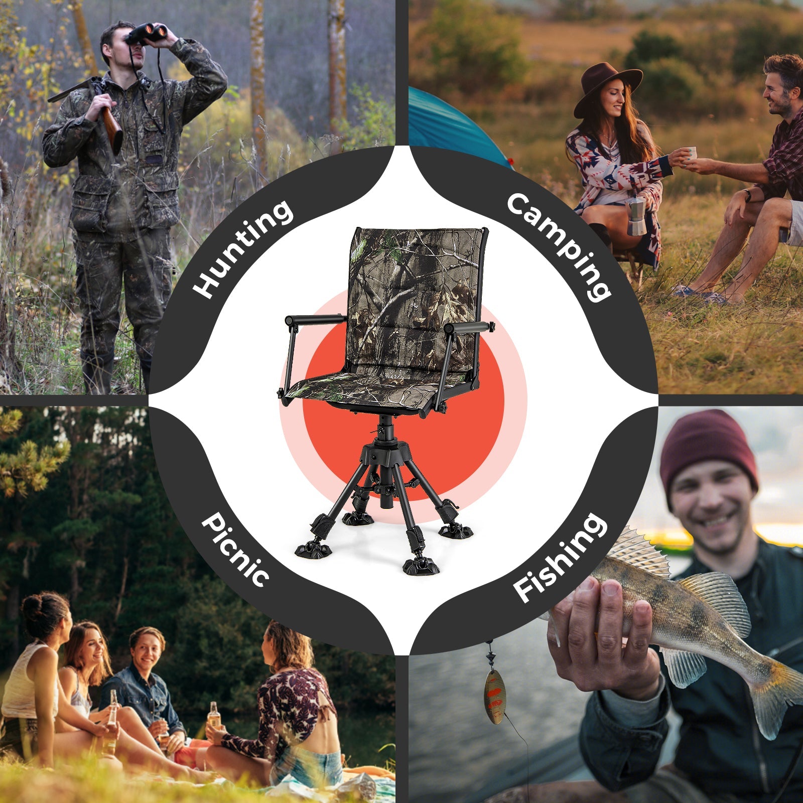 Folding Swivel Patio Chair with 4 Adjustable Leg-Camouflage